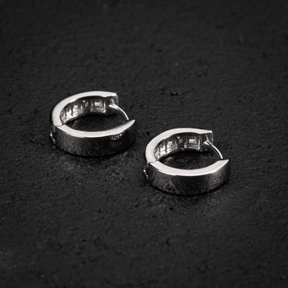 Small Solid White Gold Plated Sterling Silver Mens Greek Huggie Hoop Earrings - Picture 5 of 5